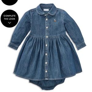 Ralph Lauren Blue Cotton Denim Long Sleeve Collared Dress With Bloomers